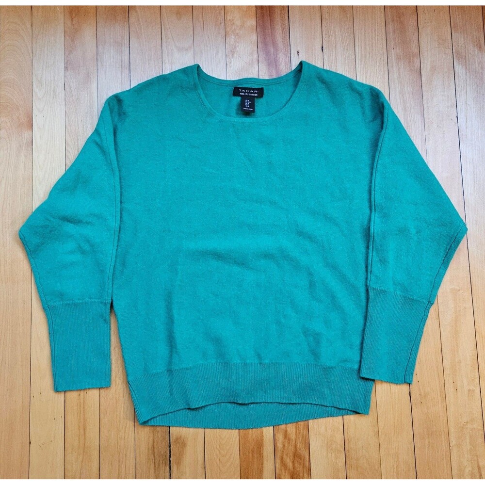 Tahari Womens Medium 100% 2-Ply Cashmere Sweater Kelly Green Crew Neck Dolman